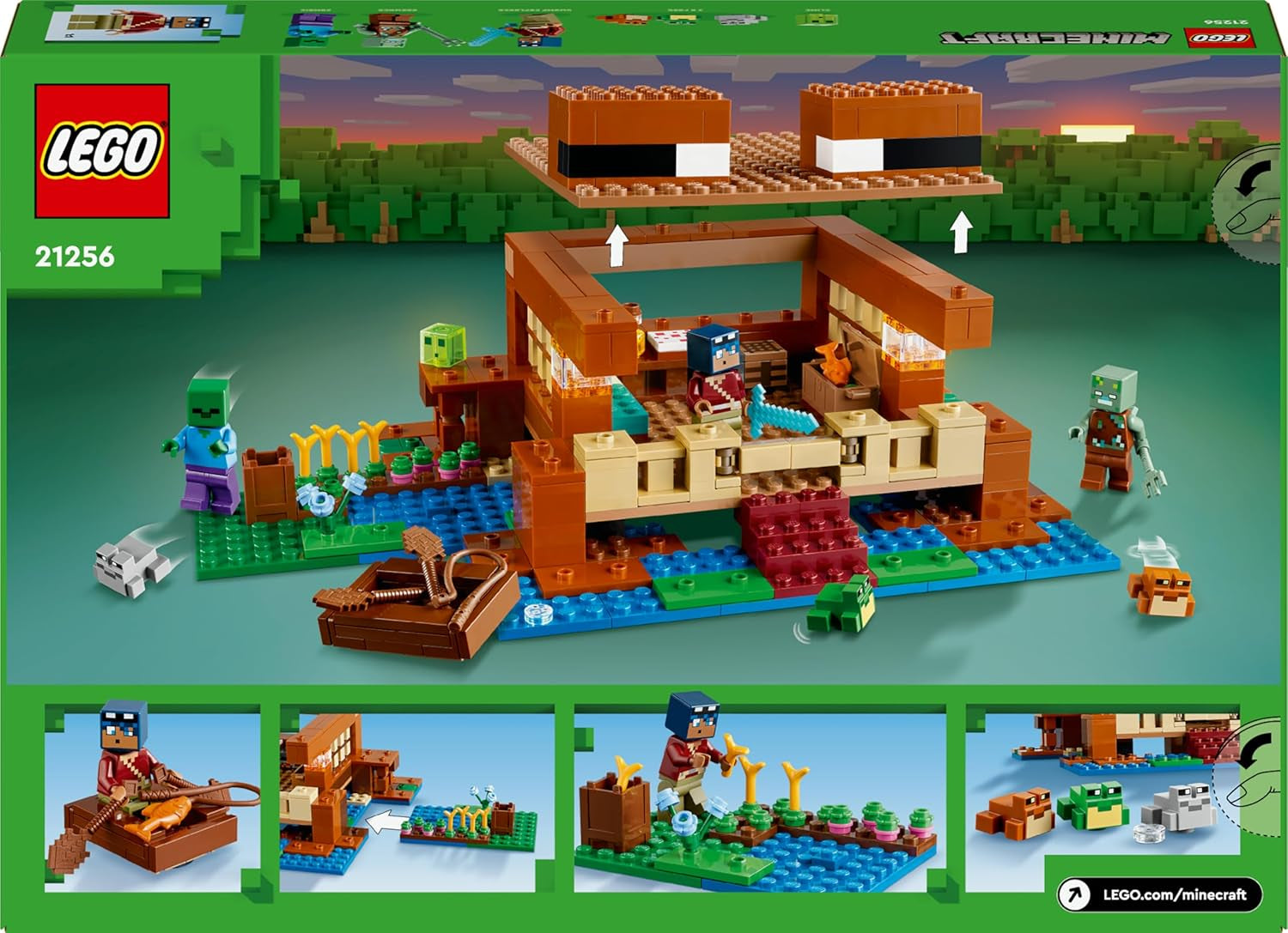 LEGO Minecraft The Frog House, toy house with figures including zombie, slime and drowning man, plus accessories such as toy boat and workbench, gift for boys and girls from 8 years old 21256 Building sets Besuche den LEGO-Store