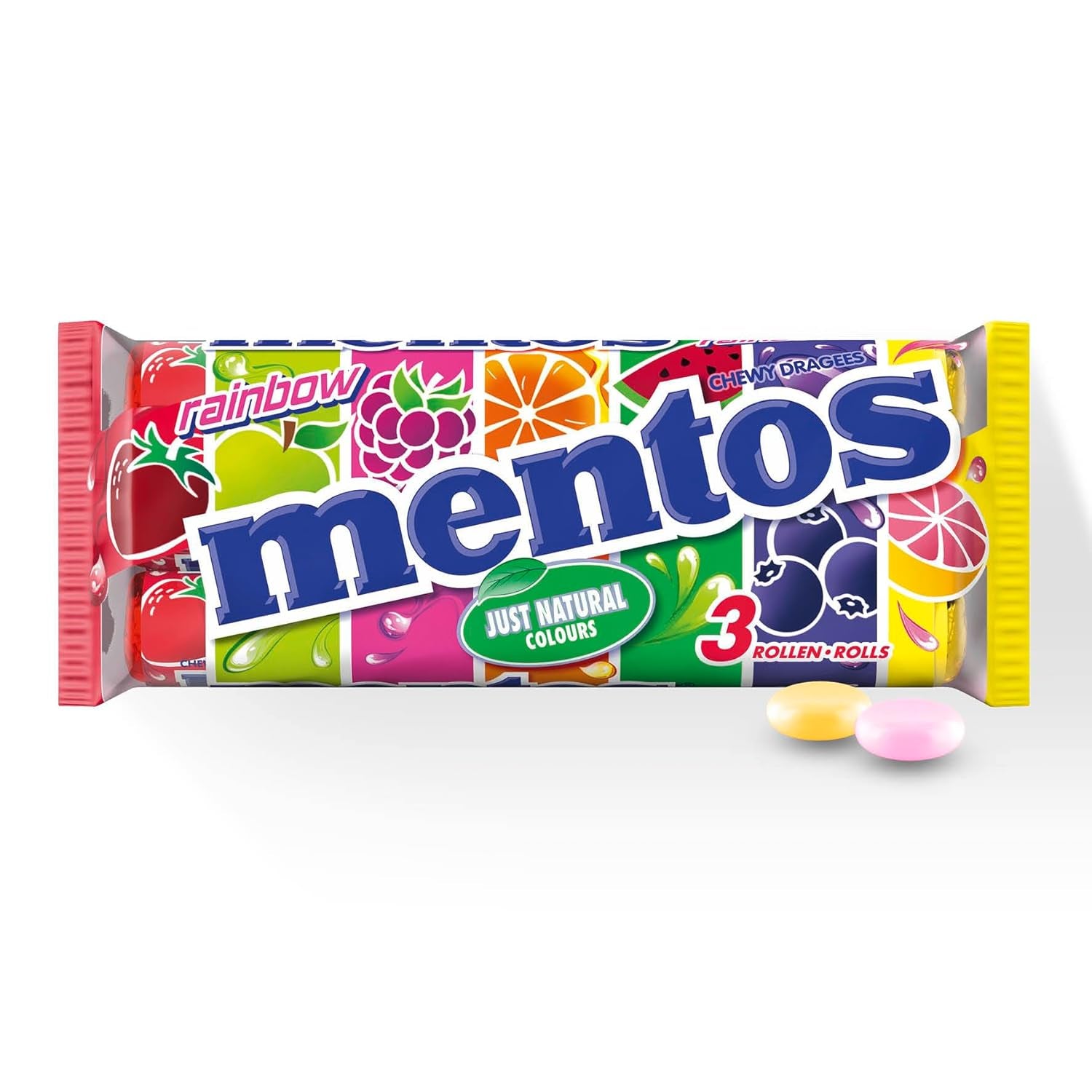 Mentos Fruit Dragees Orange Lemon Strawberry Chewy Fruit Flavored Sweets (3 Rolls), Vegan (Pack of 3)