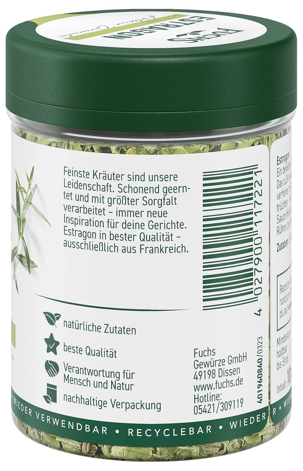 Fuchs Gewürze - Estragon gerebelt - französisches Kraut zur Verfeinerung von Saladen, Sauce Hollandaise oder Rührei - natural ingredients - 10 g in wiederverwendbarer, recyclebarer Dose