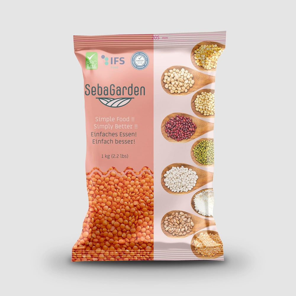Seba Garden Red Lentils 1kg - Premium Whole Lentils from Canada - Massor Dal, Non-GMO, High in Protein, High in Fiber - All Natural, Vegan, Gluten Free, Ideal for Soups and Curries