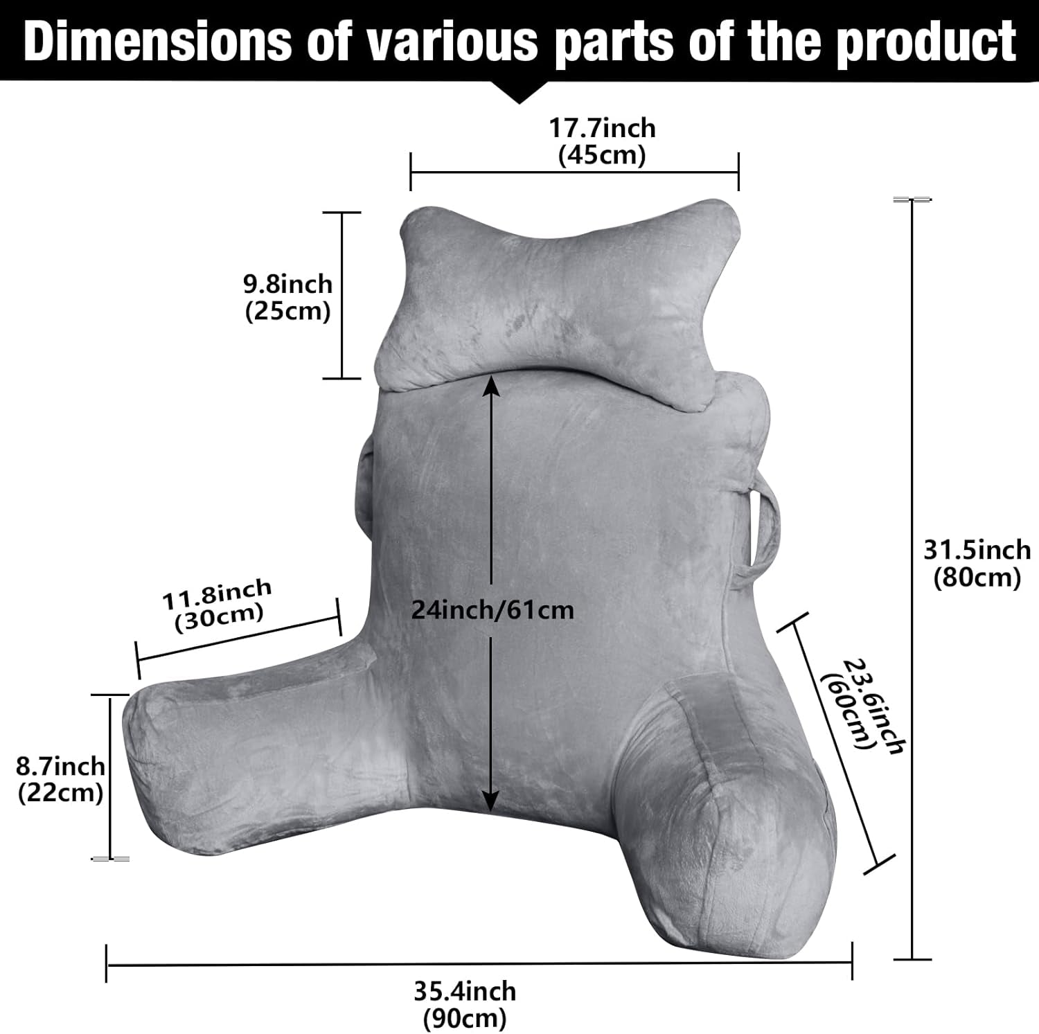 Pernă de citit pentru adulți în pat, 90x80cm (LxÎ) Spătar extra mare pentru citit cu suport detașabil pentru gât și braț de susținere, pernă de citit confortabilă pentru pat, canapea sau spătar pe podea