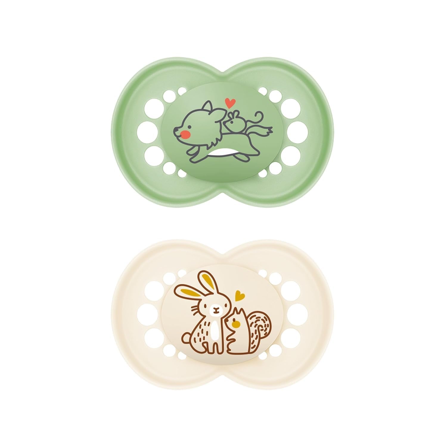 Suzete MAM Original, pachet de 2, suzete pentru bebeluși prietenoase cu dinții, fabricate din materiale sustenabile și bioregenerabile, tetine din silicon MAM SkinSoft, cu cutie pentru suzetă, 6-16 luni, Lup/Iepure