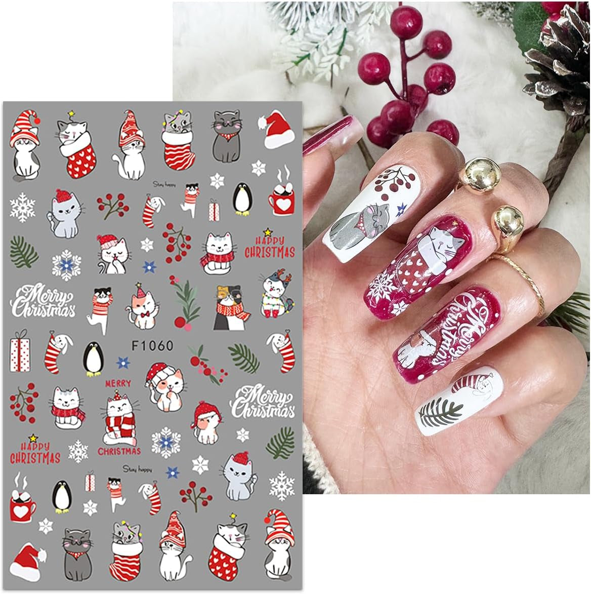 JMEOWIO Nagelsticker Weihnachten 10 Blatt Nail Art Sticker Selbstklebend Nagelaufkleber Schneeflocke Winter Urlaub Süß Dekoration Nageldesign Zubehör