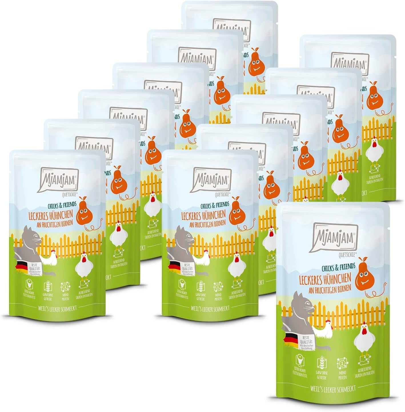 Mjamjam - Hrană umedă premium pentru pisici - Chicks & Friends Box, 9 pachete (9 X 300G), fără cereale și cu carne suplimentară