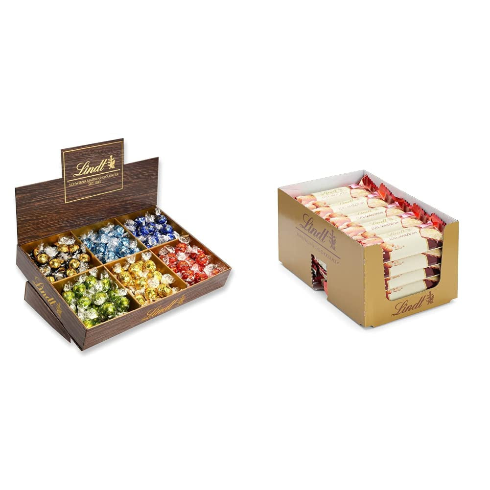 Lindor Chocolate Top Presentation | 1718 g and chocolate bars with marzipan | 25 bars x 50g in a counter display | 1250 g | Pure marzipan covered with dark chocolate | Chocolate bars