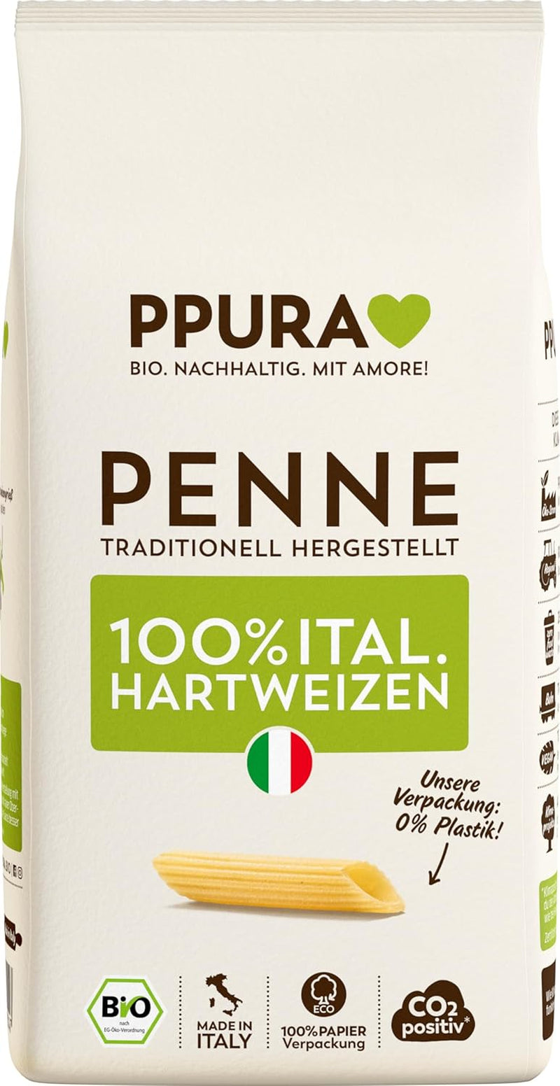 PPURA Organic Durum Wheat Penne Pasta 500g, 100% natural tubular pasta, Made in Italy - Italian pasta without additives, colorings or preservatives