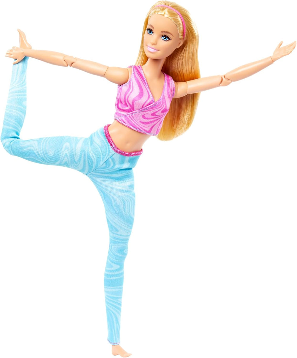 Păpușă Barbie Made-To-Move Fashion cu păr blond, top sport roz detașabil și pantaloni yoga albaștri, 22 de articulații mobile", HRH27, [Multicolor] Papusi Naty Shop
