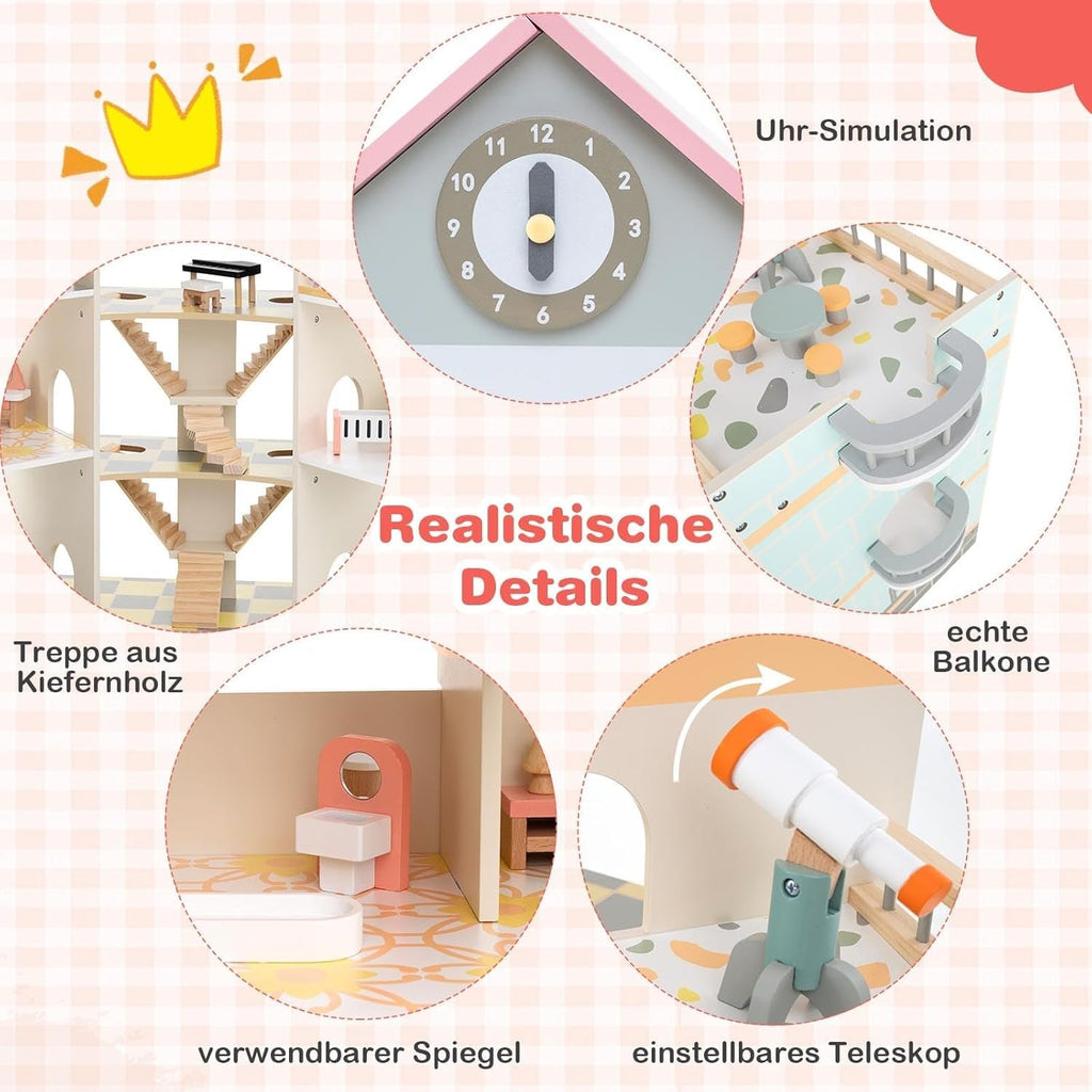 Casă de păpuși din lemn FANTASK, casă de păpuși 94 cm înălțime cu 41 de piese de mobilier și accesorii, vilă de păpuși cu 6 camere, terasă și garaj, cadou pentru fete de la 3 ani Casute de papusi Naty Shop