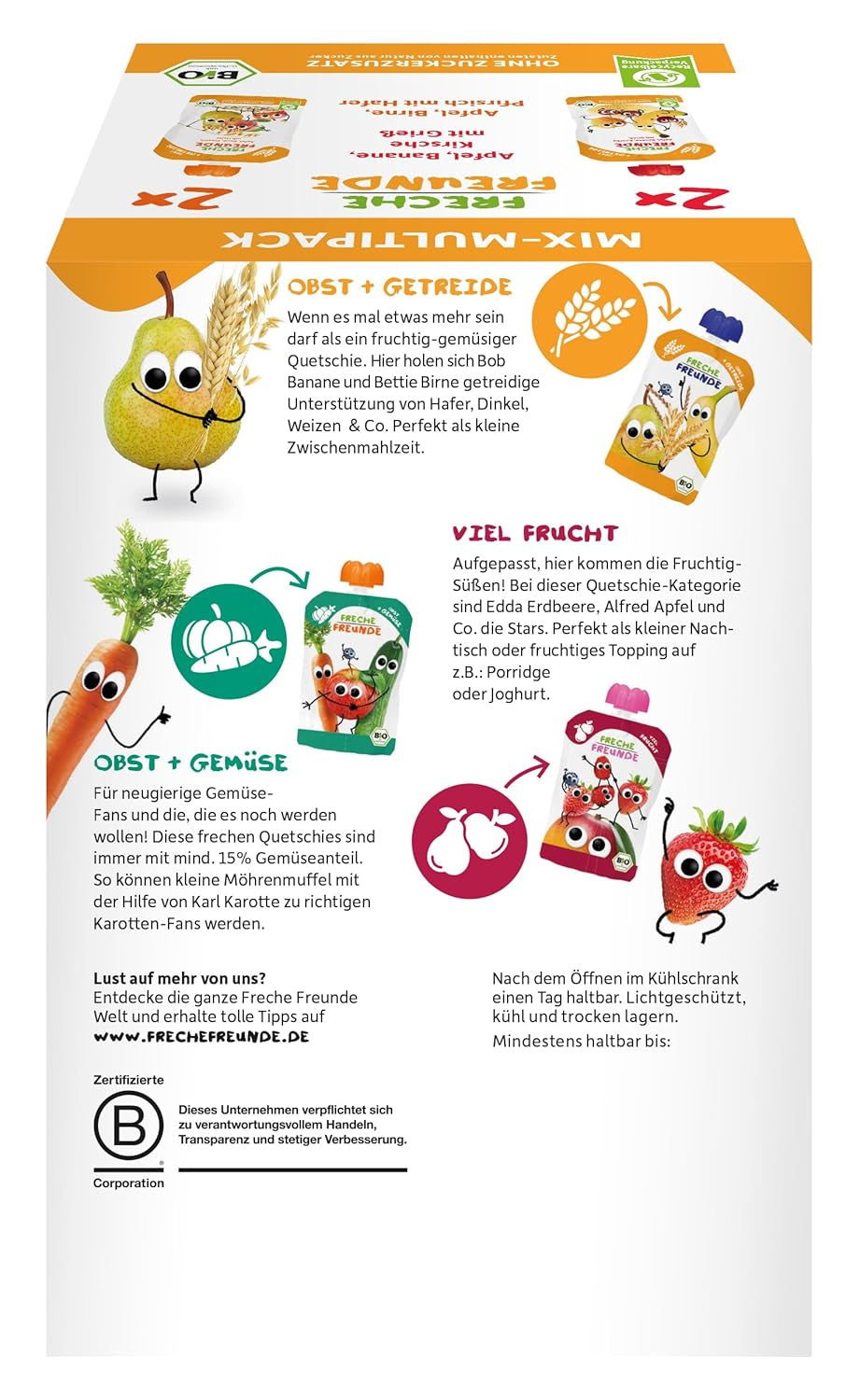 FRECHE FREUNDE Organic Mix in a Multipack Squeezable Bag - Fruits + Cereals, Fruit puree with cereals in a squeezable bag for babies from 6 months, vegan, pack of 3, 3 x (4 x 100g)