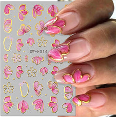 Gold Linie Schieber Rosa Nagelsticker Blumen 3D Flower Nail Sticker Sakura Blütenblätter Blumen Nagelaufkleber Frühling Sommer Floral Nagel Sticker Flowers Nagel Stickers Nageldesign Zubehör Nail Art