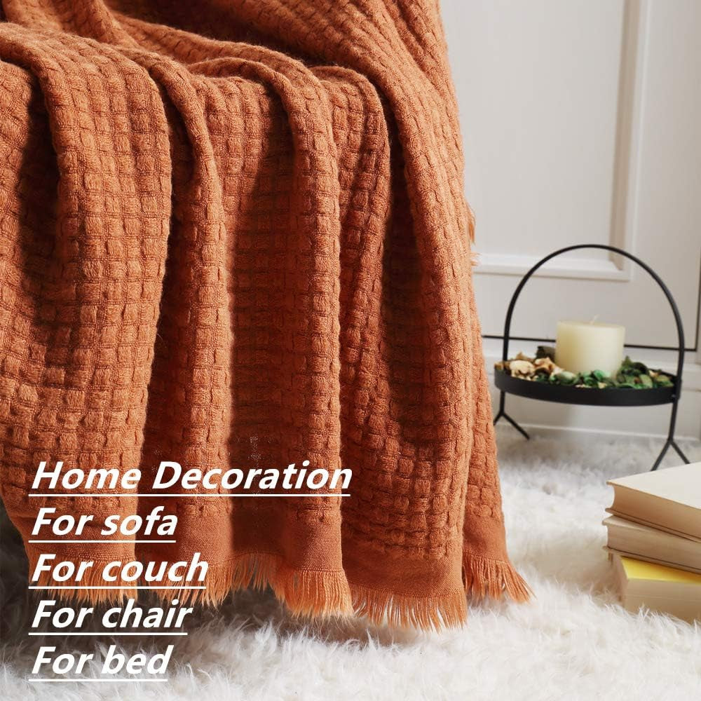CREVENT Rust Knitted Blanket for Couch Sofa Chair Bed Home Decor Soft Warm Cozy Lightweight Spring Summer Autumn (127.8 X 152.4 cm Caramel / Brown / Burnt Orange) CREVENT Beds and Blankets
