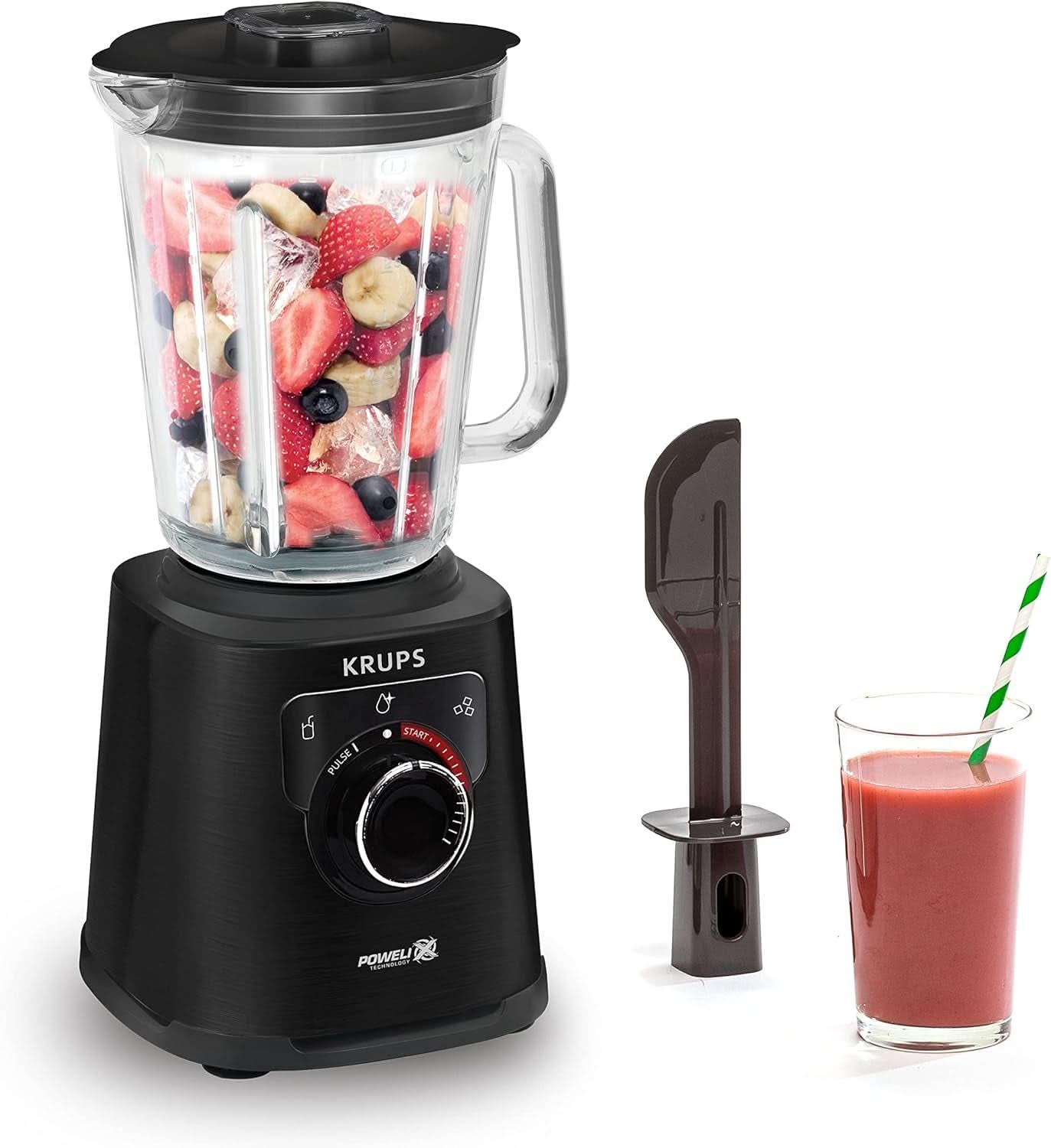 Krups KB403D Perfectmix + Hochleistungsstandmixer | 1,200W | 28,000 RPM | 2L Glasbehälter | 3 Preset Programs | Powelix- Technologie | Edelstahl/Dunkelgrau Kitchen Naty Shop Schwarz