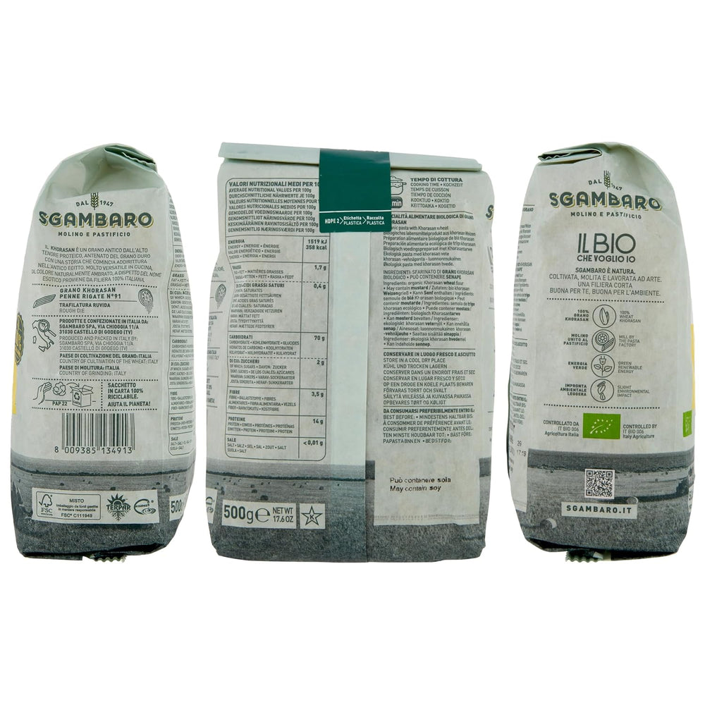 Organic Penne Rigate Pasta N.91 - 500g from Khorasan Wheat - Ancient wheat, rich in protein, 100% cultivated in Italy - Versatile in the kitchen and rich in nutrients