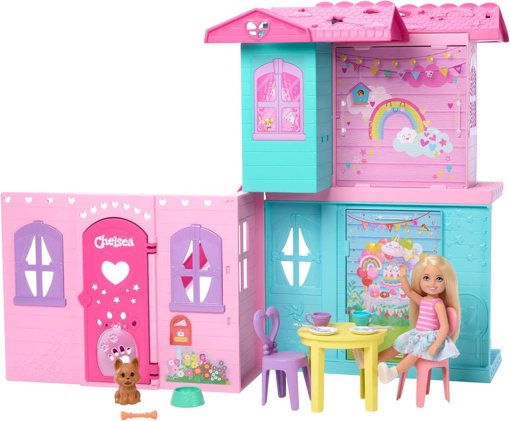 Casă de păpuși Barbie Chelsea cu peste 15 accesorii, căsuța pop-up se extinde la peste 42 x 33 cm cu 5 zone de joacă și un tobogan, cu o păpușă mică și un câine, JFW49