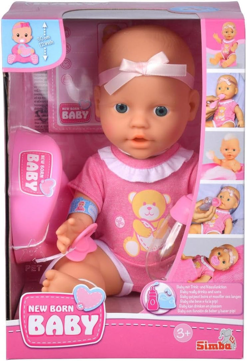 Simba 105030069 - New Born Baby Doll, Drinking and Feeding Vinyl Doll with Birth Certificate and Accessories, 4 Pieces, 30cm, Doll, Age 3+ Naty Shop Cute Dolls