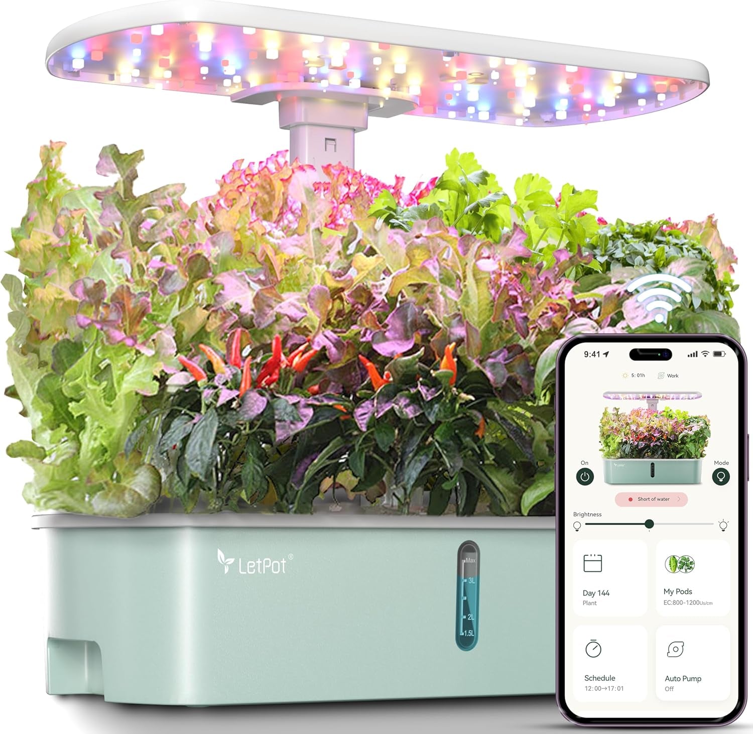 LPH-SE WiFi Hydroponic Grow System, 12 Pot Indoor Smart Herb Garden Kit, Indoor Garden with 24W LED Grow Light, 5.5L Water Tank, Pumping System, Auto Timer