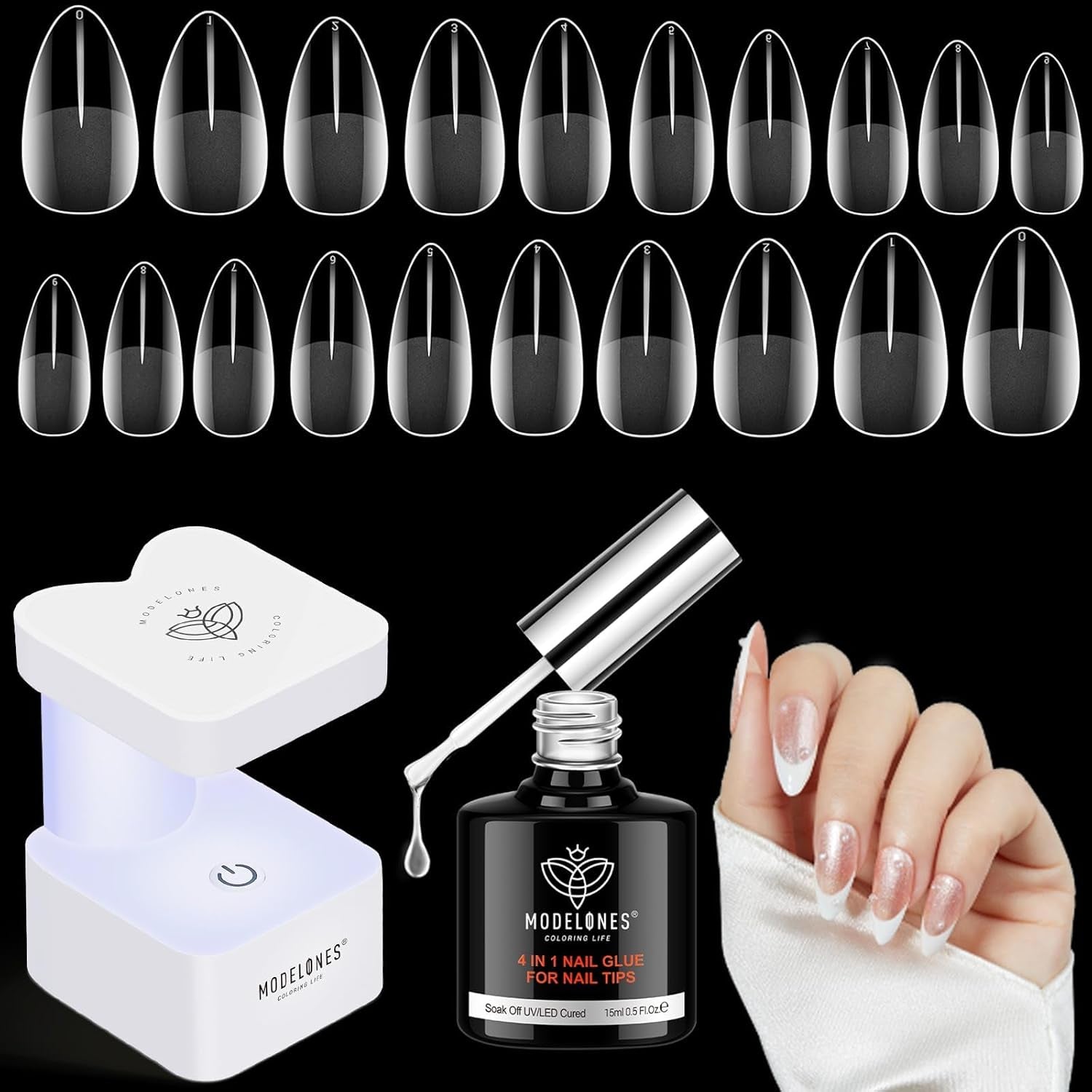 Modelones Kit pentru unghii și gel adeziv 500 buc. Set extensii unghii cu gel adeziv Kit unghii cu gel, adeziv unghii și mini lampă unghii acoperire completă vârfuri unghii presă pe Nail Art Studio Salon DIY