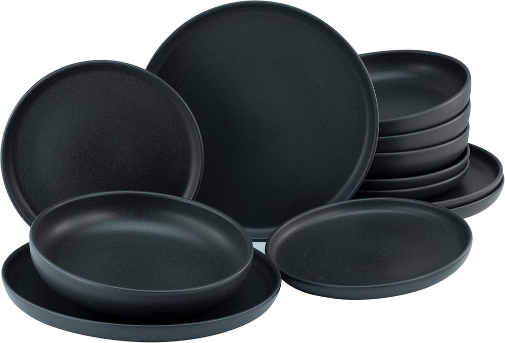 Creatable, 22979, Serie Uno BLACK, 12-Teiliges Geschirrset, Teller Set Aus Steinzeug, Spülmaschinen- Und Mikrowellengeeignet, Made in Portugal Tableware sets Naty Shop Black Tafelservice 12 Teilig