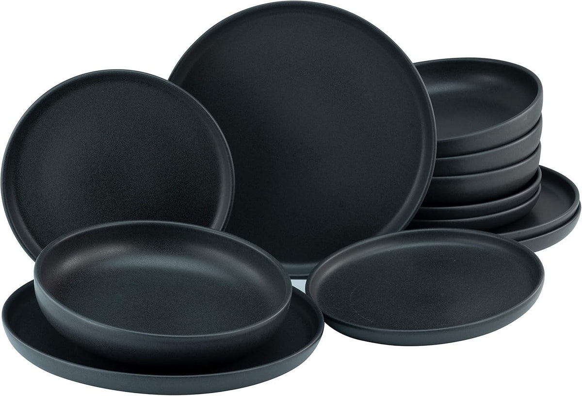 Creatable, 22979, Serie Uno BLACK, 12-Teiliges Geschirrset, Teller Set Aus Steinzeug, Spülmaschinen- Und Mikrowellengeeignet, Made in Portugal Tableware sets Naty Shop Black Tafelservice 12 Teilig