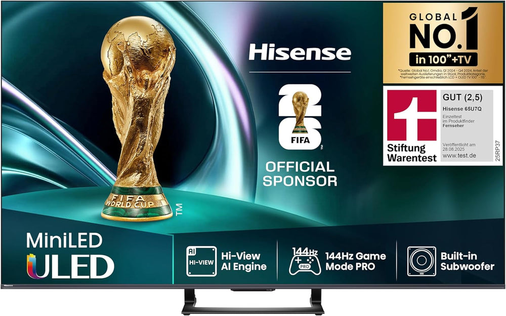 Televizor Hisense 55U7Q de 55 de inci, mini LED ULED 4K, Smart TV, motor Hi-View AI, mod de joc Pro la 144Hz, FreeSync Premium, subwoofer încorporat, Dolby Vision IQ Atmos, AirPlay, control vocal [2025]