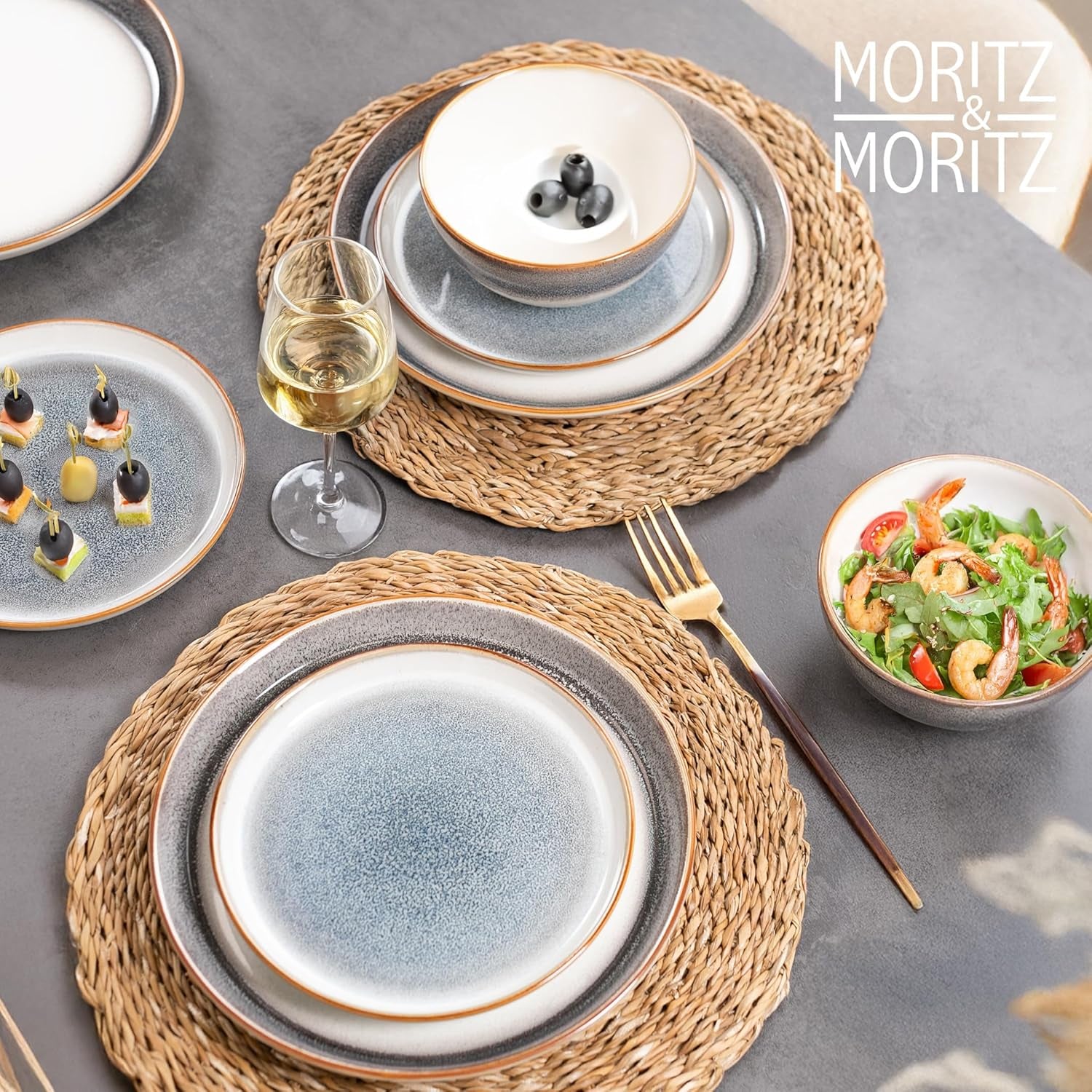 Set de veselă Moritz & Moritz TARENTO, 24 de piese, pentru 6 persoane, gri - Set elegant de farfurii din gresie de înaltă calitate - Setul de veselă include 6 farfurii de cină, 6 farfurii de desert, 6 farfurii de sumă și 6 cești