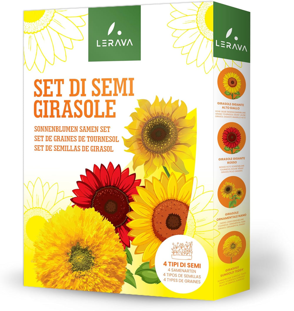 LERAVA® Sonnenblumen Samen Set (4 Sorts) - Riesige gelbe & rote Sonnenblume - Zwerg und Sungold Teddy - Premium Sonnenblumensamen für Garten und Balkon - Blumensamen Geschenk für Hobbygärtner