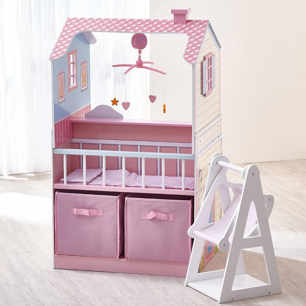 Olivia's Little World 2 En 1 Casă de păpuși și stație de schimbare Masa de schimbare Playset pentru păpuși din lemn cu scaun înalt TD-11460A Casute de papusi Naty Shop