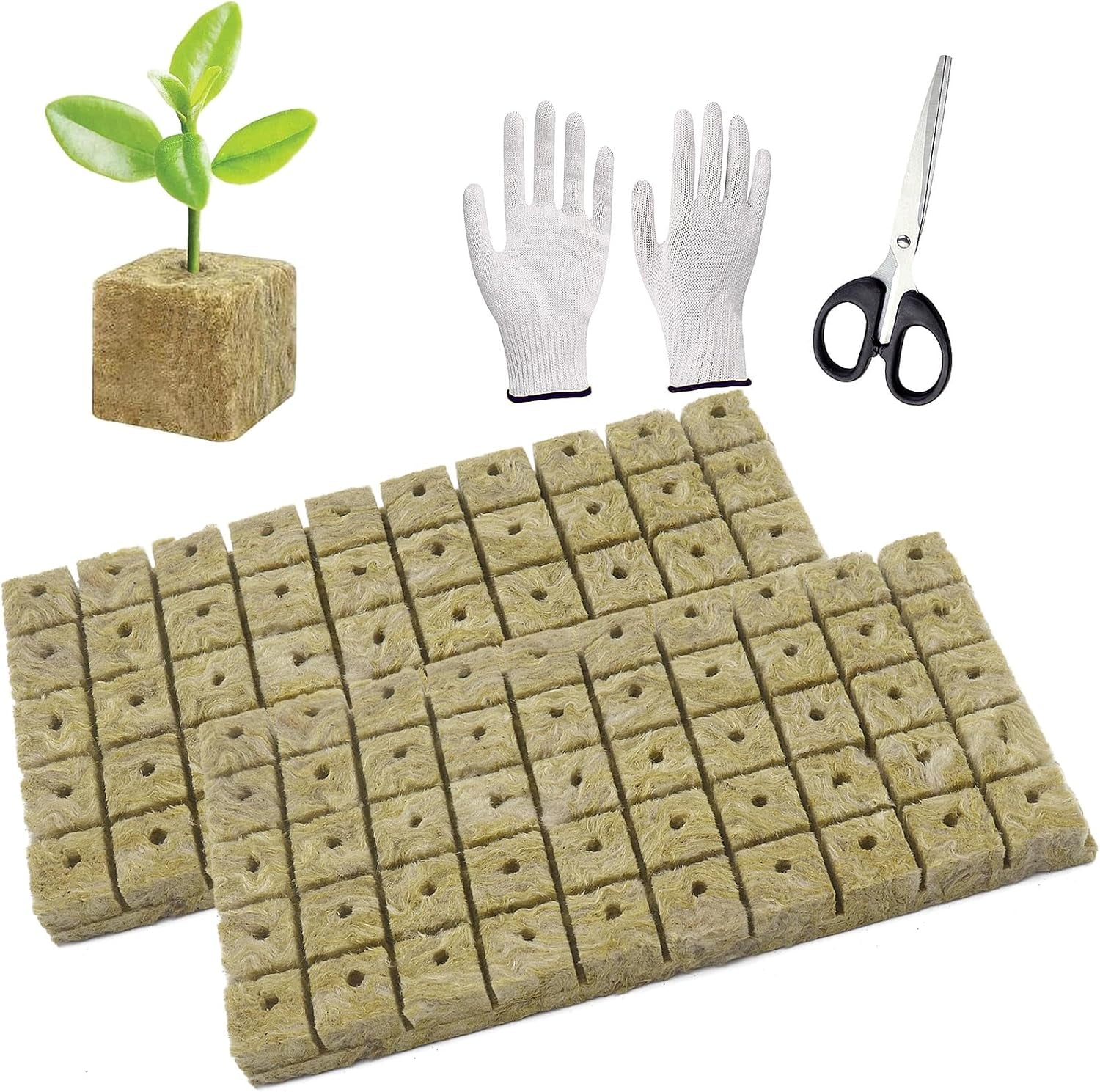50 de bucăți de covoraș de creștere din vată minerală, cub de vată minerală, izolație din vată minerală, covoraș de creștere din vată minerală cu foarfece și mănuși pentru creștere fără sol, hidroponie și transplantare