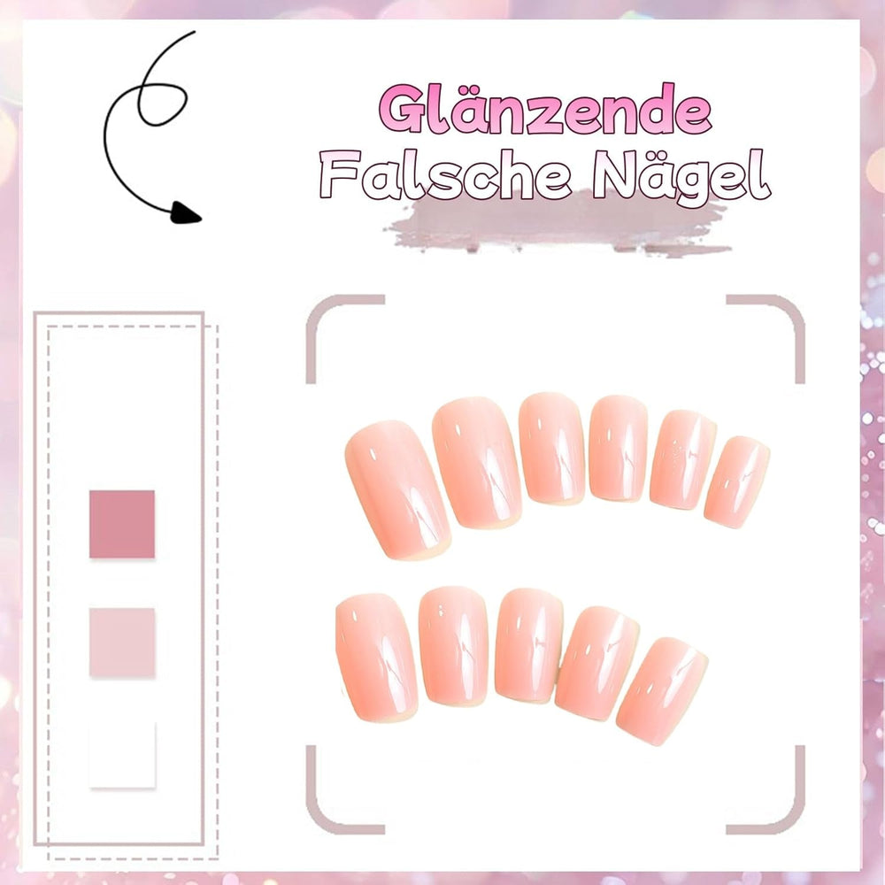 24 bucăți unghii false roz, culoare solidă, autoadezive, unghii artificiale neutre, pătrate medii, gel moale pentru femei, DIY, unghii false strălucitoare cu acoperire completă