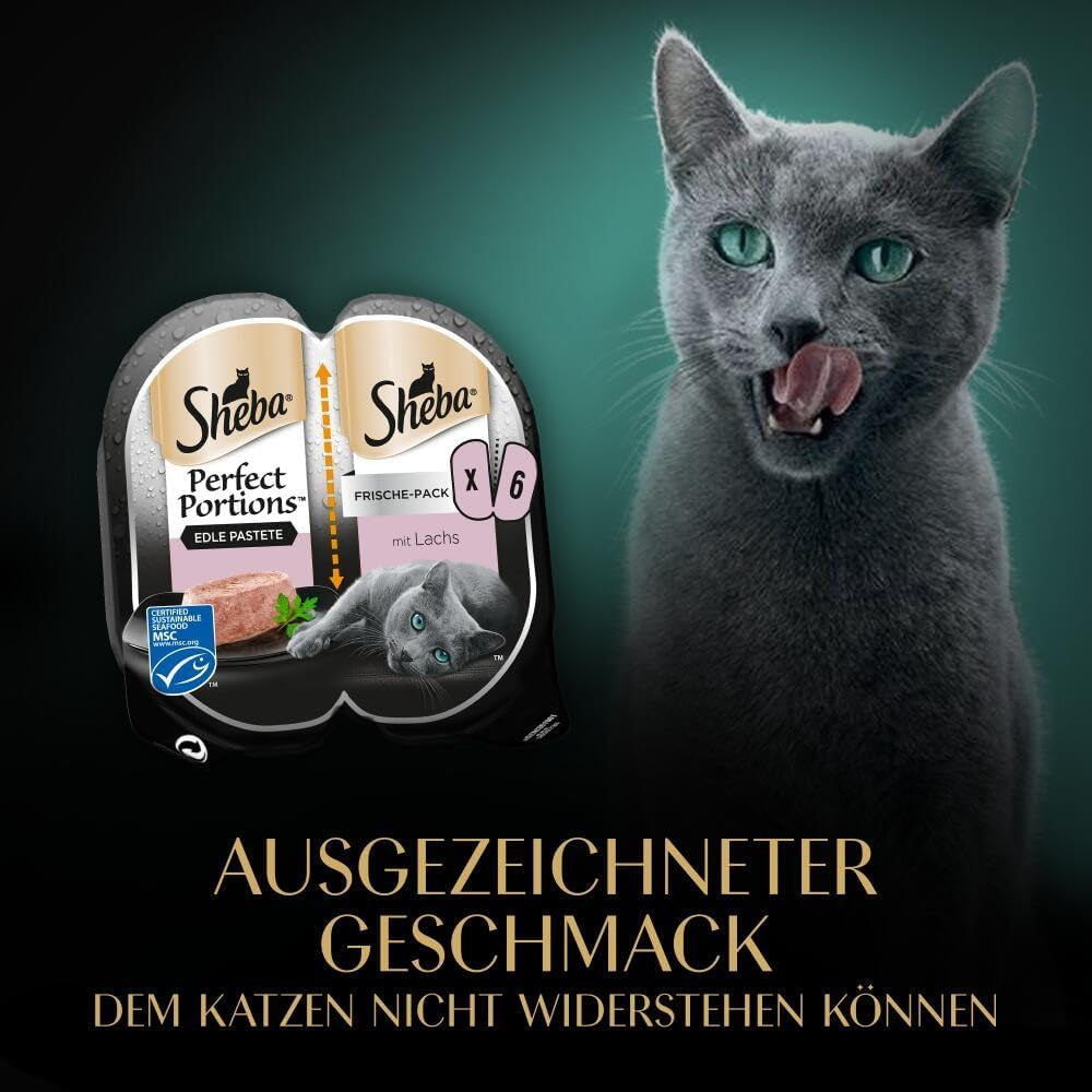Pateu pentru pisici SHEBA Perfect PORTIONS cu somon, certificat MSC, 8 x 3 x (2 x 37,5g) = 225g (Ambalajul va fi actualizat)