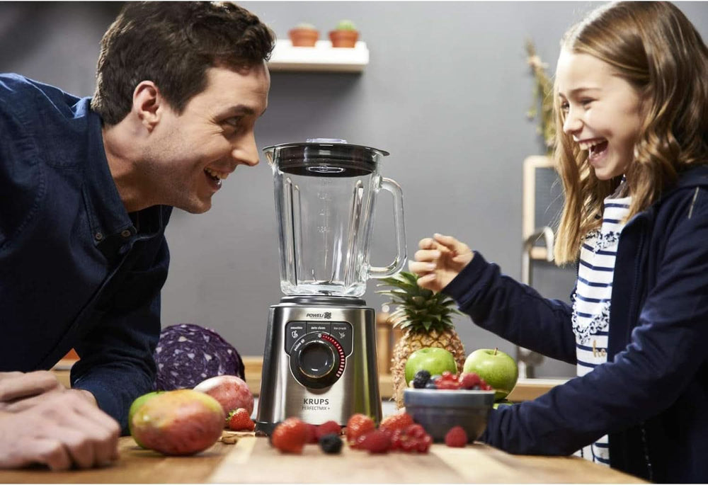 Krups KB403D Perfectmix + Hochleistungsstandmixer | 1,200W | 28,000 RPM | 2L Glasbehälter | 3 Preset Programs | Powelix- Technologie | Edelstahl/Dunkelgrau Kitchen Naty Shop