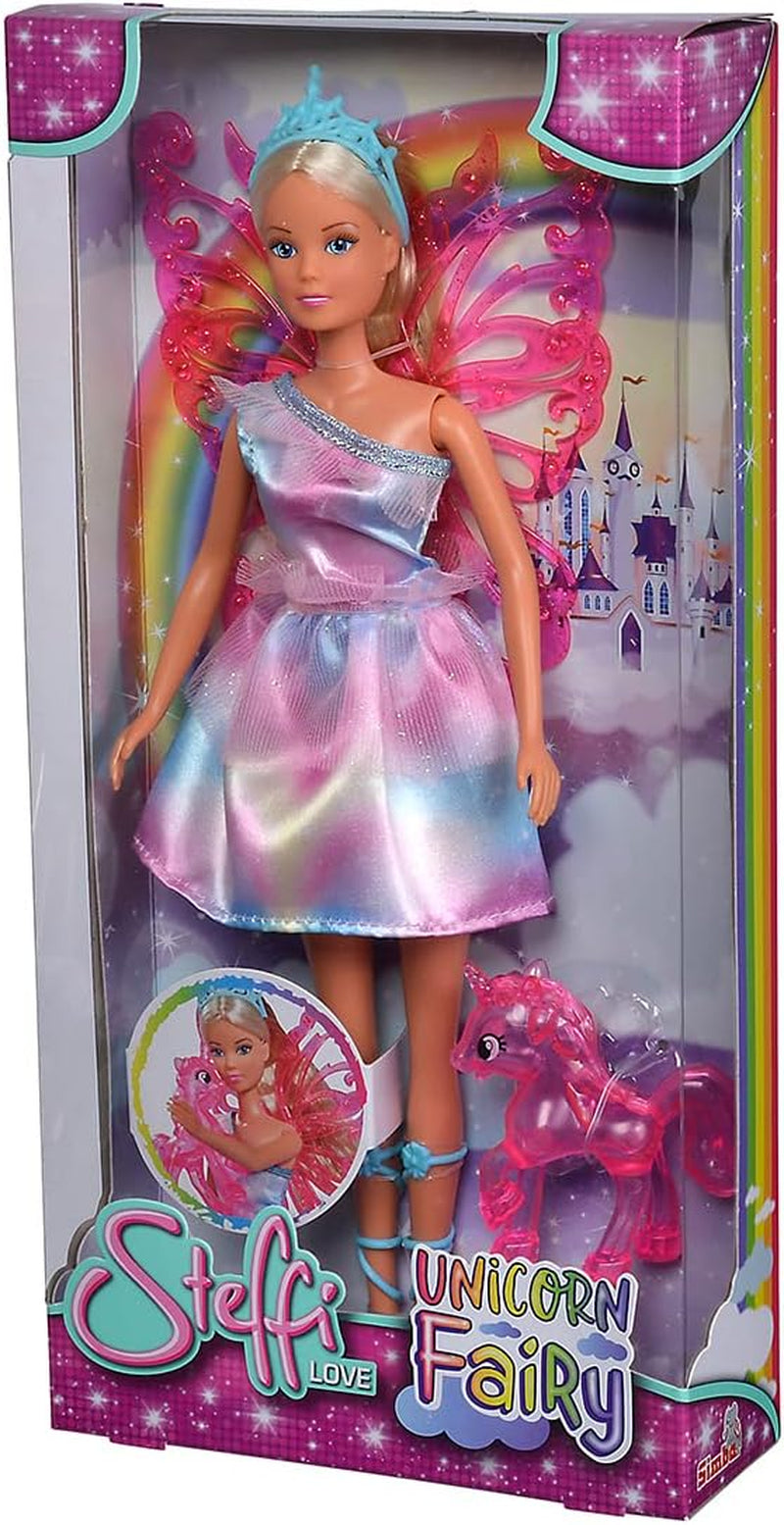 Simba 105733587 - Steffi Love Unicorn Fairy, Ankleidepuppe als Fee mit abnehmbaren Flügeln, mit Einhorn, 29cm Puppe trägt EIN Bezauberndes Pastell Glitzerkleid, ab 3 Jahren