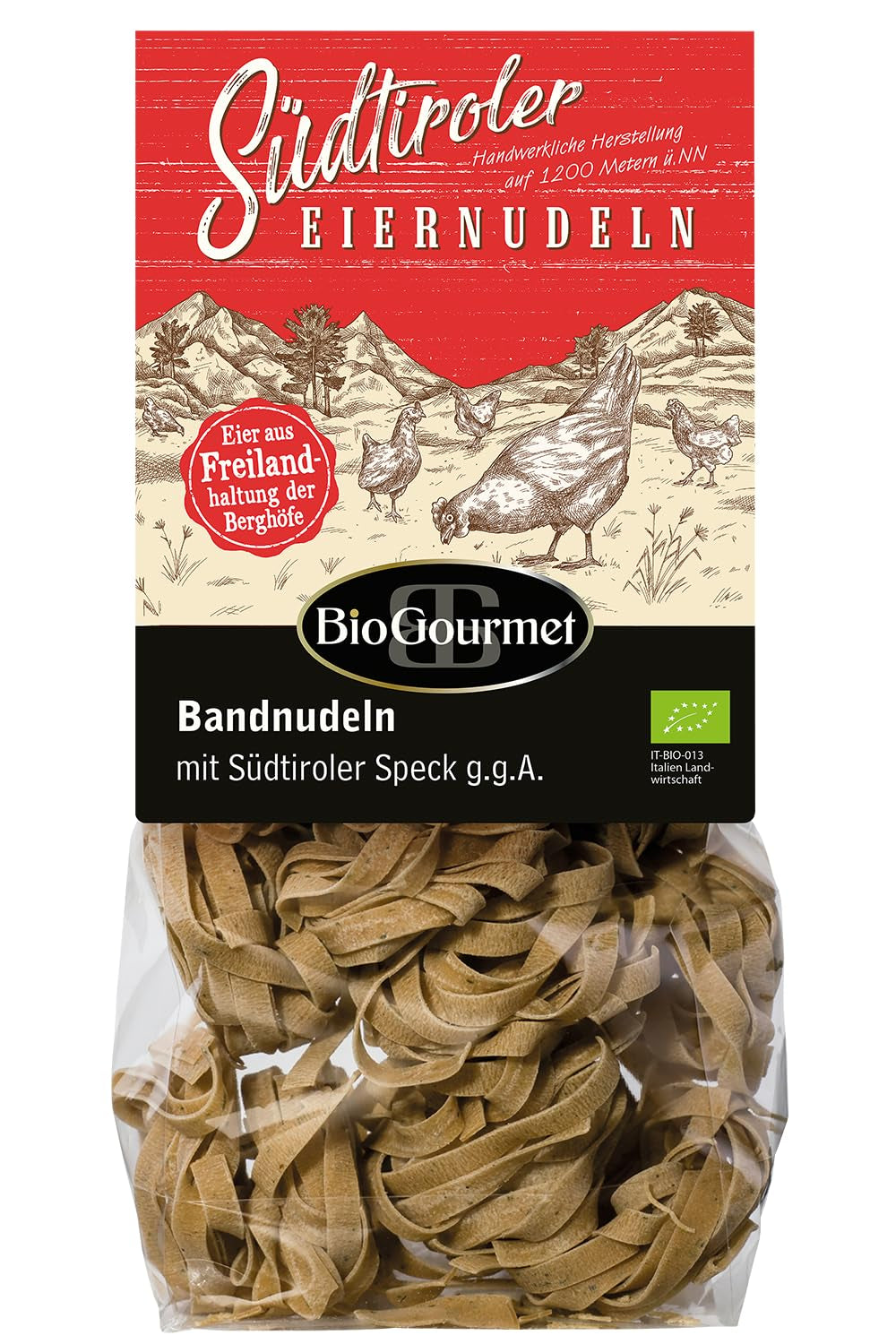 BioGourmet ribbon noodles with Schüttelbrot from South Tyrol (PGI) | Salted and flavored egg noodles with genuine speck from South Tyrol | 1 x 250g Bio
