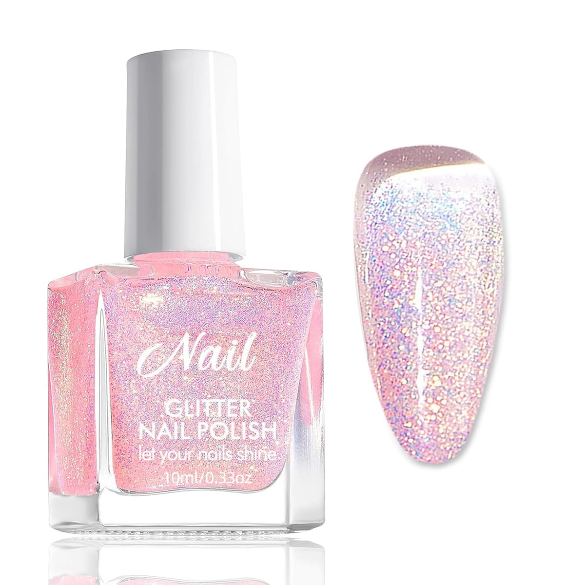 Pink Glitter Nail Polish - Non-Toxic Water Based Nail Polish for Women - Quick Dry Nail Polish - Reflective Glitter Nail Polish for DIY Nail Art at Home (Transparent Pink, 10ml)