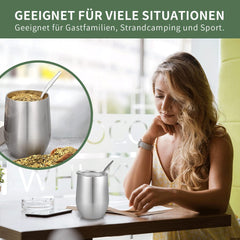 Cana modernă pentru mate 340 ml, set de căni pentru yerba mate din oțel inoxidabil cu pereți dubli izolați, cană pentru ceai mate cu capac fără BPA, bombillas și o perie de curățare (argintiu)