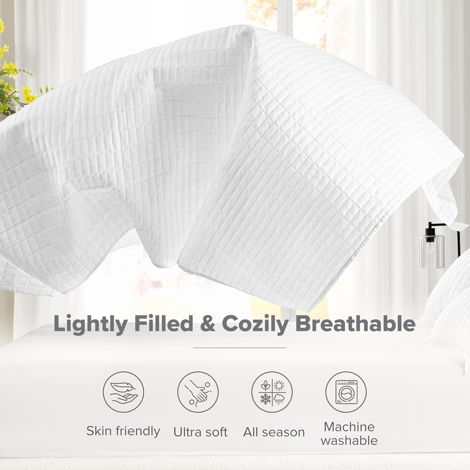 Comfort Spaces Kienna Quilt Set Luxury Double Stitch Summer Blanket Lightweight Soft All Year Bedding Matching Pillowcase White King Size Blanket (264.2 X 228.6 Cm) Naty Shop Comforters & Quilts