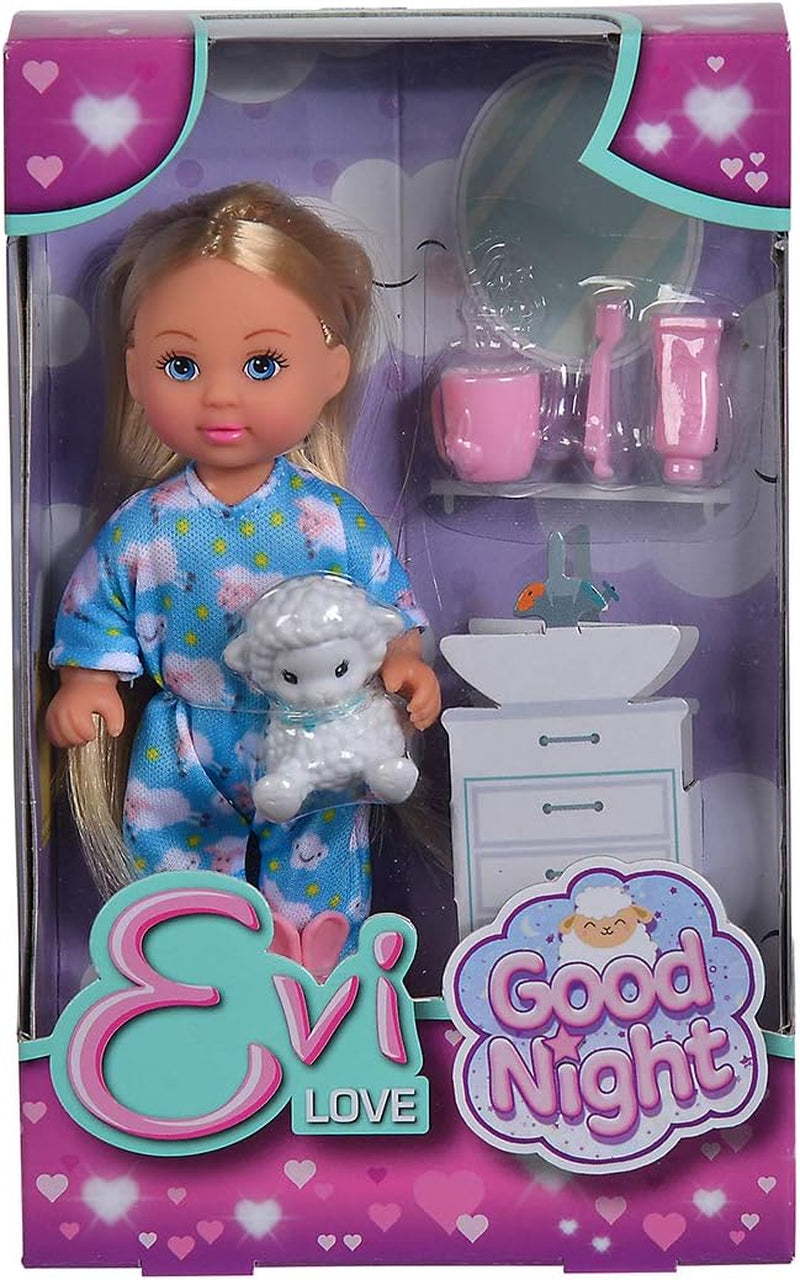 Simba 105733406 - Evi Love Good Night, Spielpuppe im süßen Schlafanzug mit Kuscheltier und Zahnputzzubehör, 12cm, ab 3 Jahre