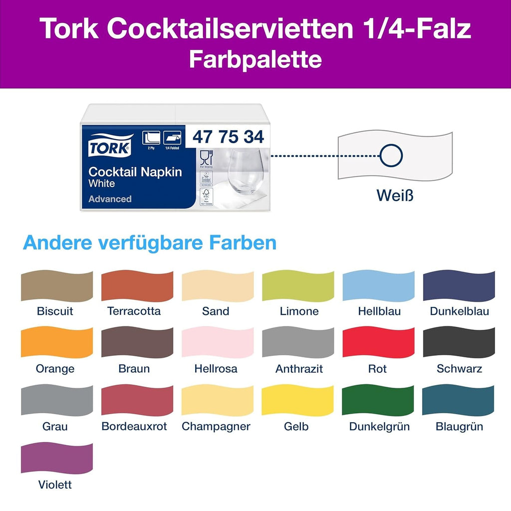 Șervețele Tork Cocktail White, 1/4-fold, 2 straturi, 24 cm × 24 cm, 200 șervețele, 477534