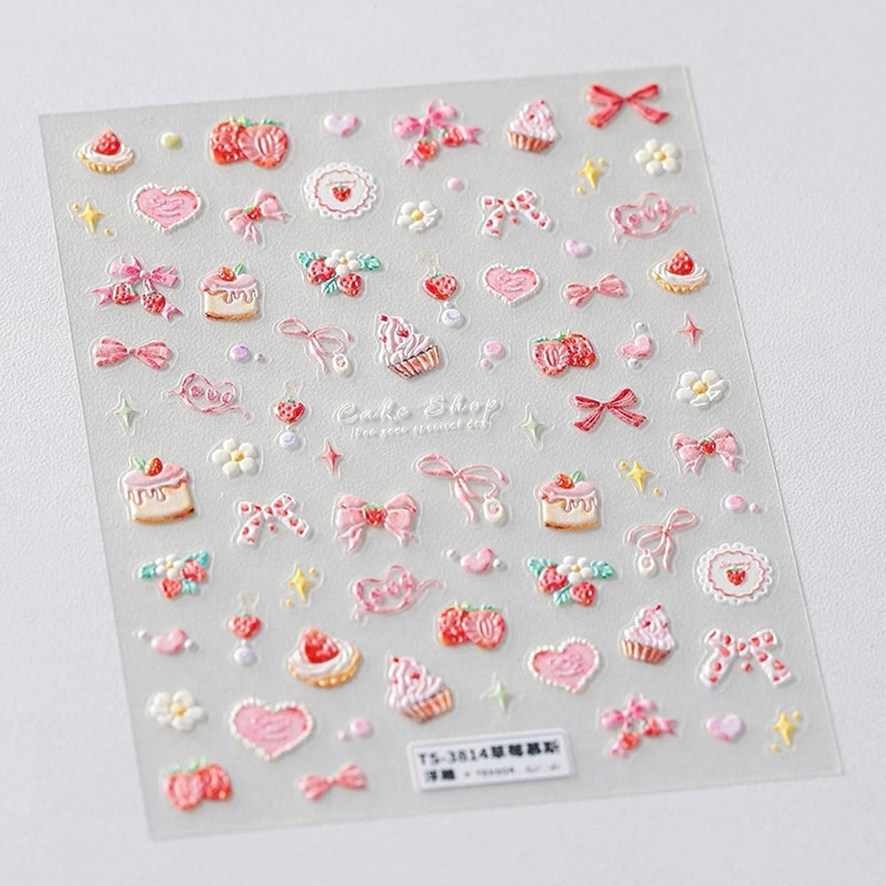 JMEOWIO 3D Nagelsticker Rosa Nail Art Sticker Selbstklebend Nagelaufkleber 5D Stereoskopisch Kuchen Erdbeerschleife Dekoration Nageldesign Zubehör 1 Blatt