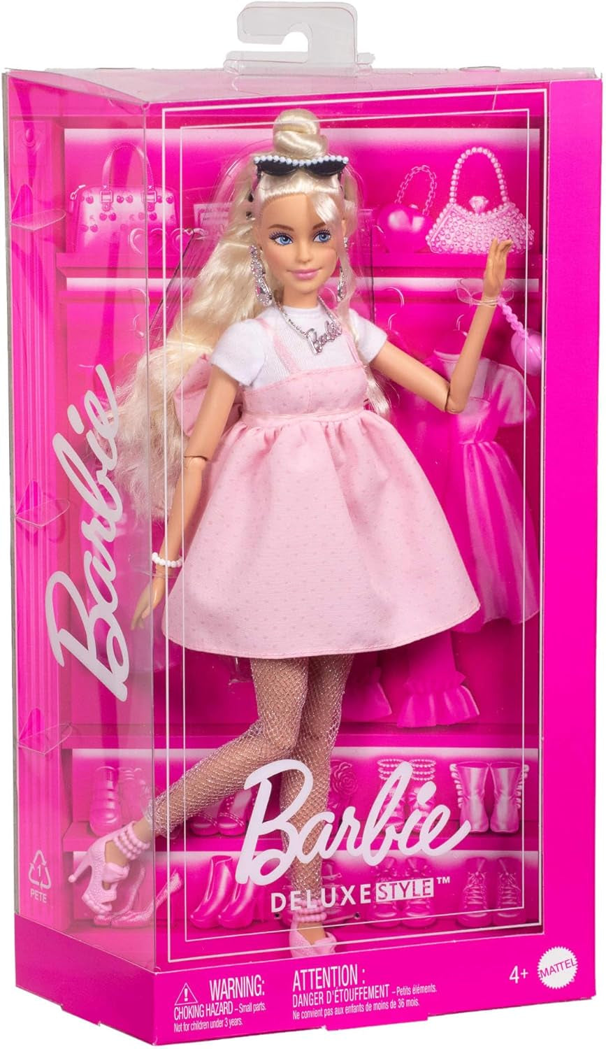 Barbie Doll Deluxe Style no. 3 with Barbiecore outfit, blonde hair in high bun, pastel pink dress with oversized bow and accessories like fishnet tights, HYV27 Naty Shop Dolls
