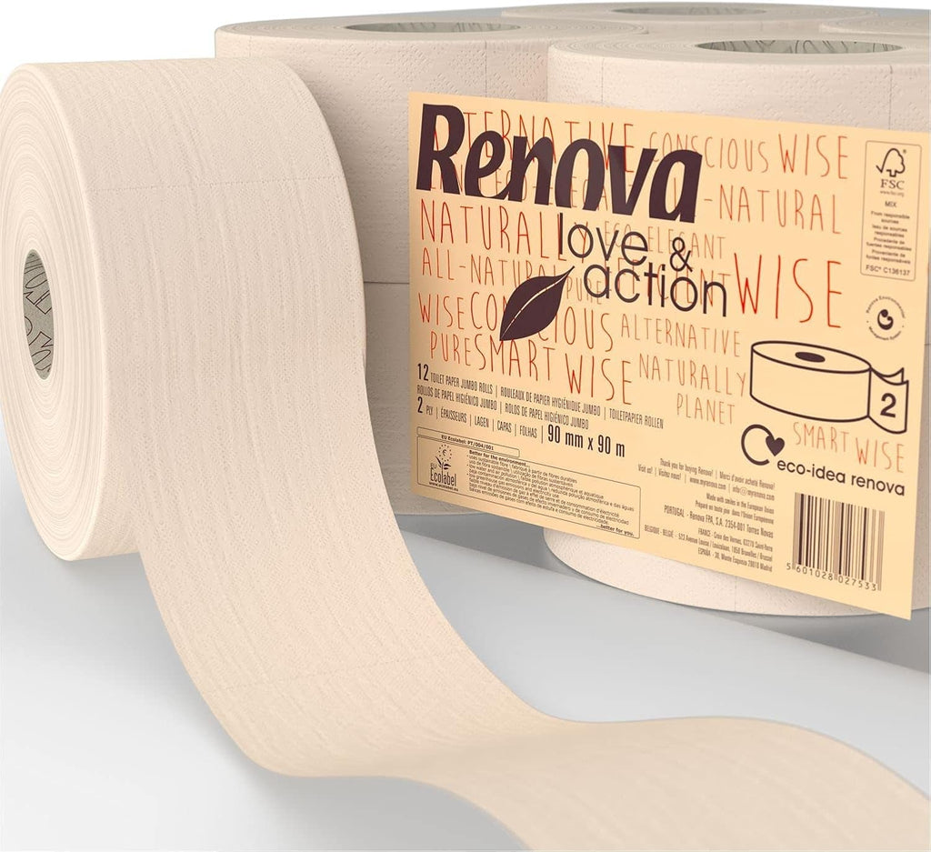 Hârtie igienică Renova Jumbo Love&Action, 12 role premium, 90 M, hârtie kraft, 2 straturi, certificată FSC & Ecolabel