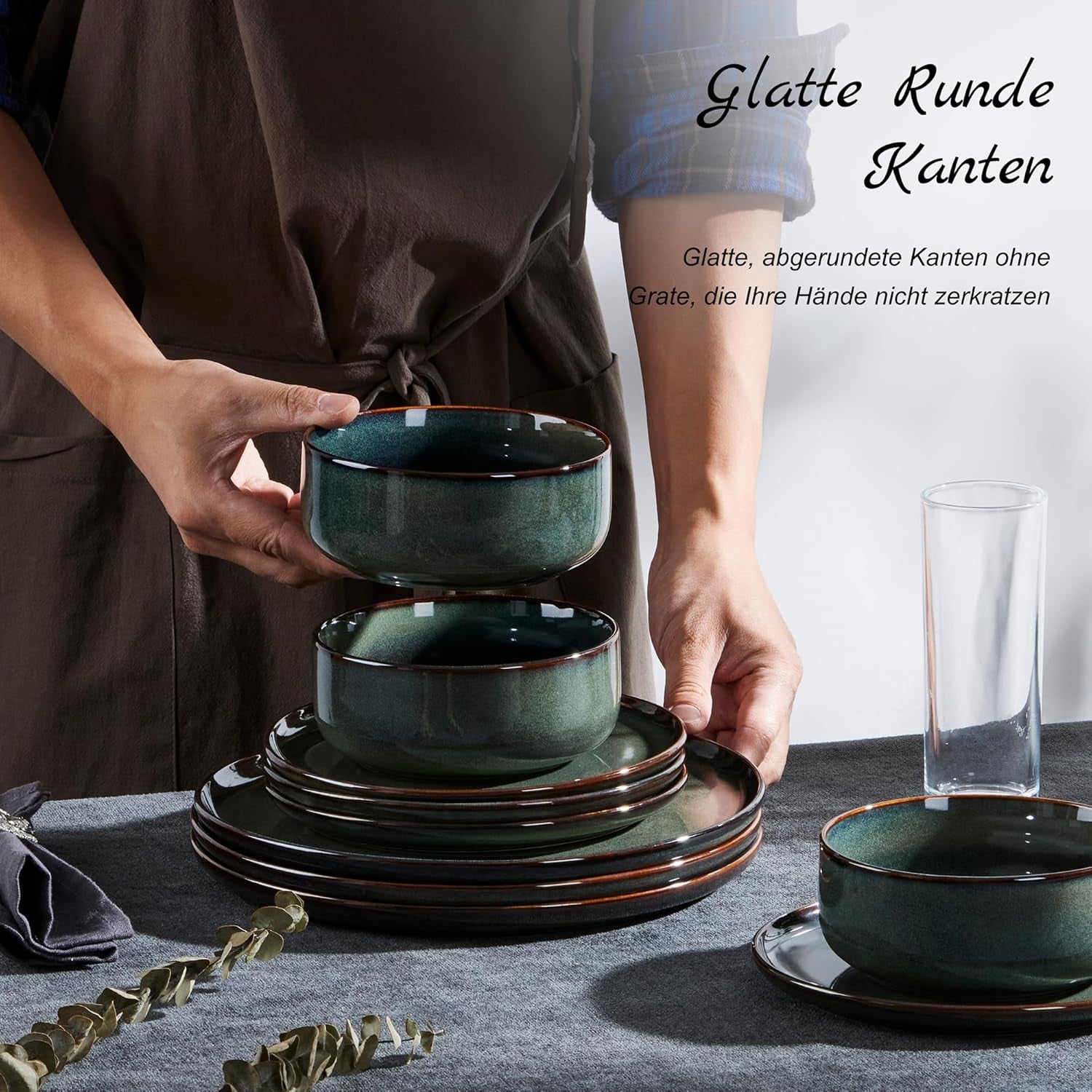 Homikit Geschirrset 6 Personen, 18-tlg Steinzeug Geschirr Set, Reaktive Glasur Tafelservice mit Speiseteller Dessertteller Müslischüsseln, Mikrowellen- und Spülmaschinenfest, Kieferrauchgrün