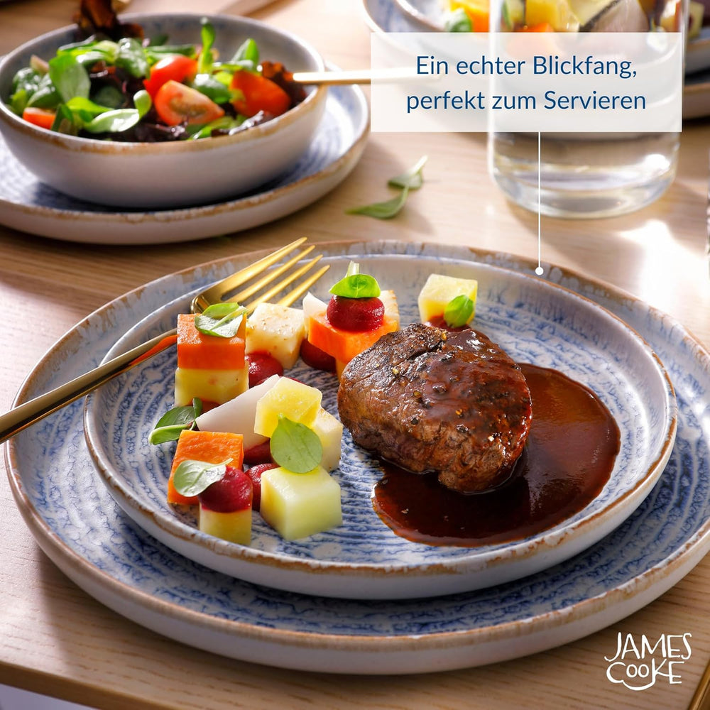 Set de veselă Azure Vintage din gresie pentru 6 persoane - 24 de piese - dungi albe și albastre, suprafață în relief - potrivit pentru mașina de spălat vase, cuptor și cuptor cu microunde