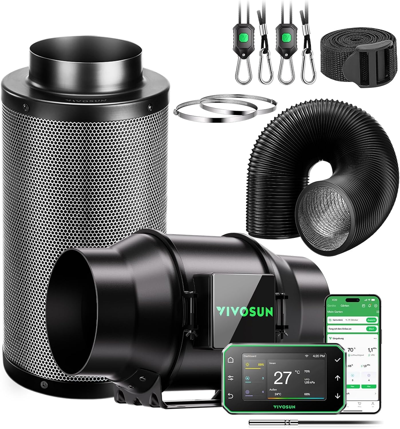 VIVOSUN 100mm AeroZesh G4 Smart Inline Fan/Exhaust Kit with GrowHub E42A+, Temperature and Humidity Controller, WiFi/App Remote Control, Activated Carbon Filter and Hose for Grow Tents and Hydroponics