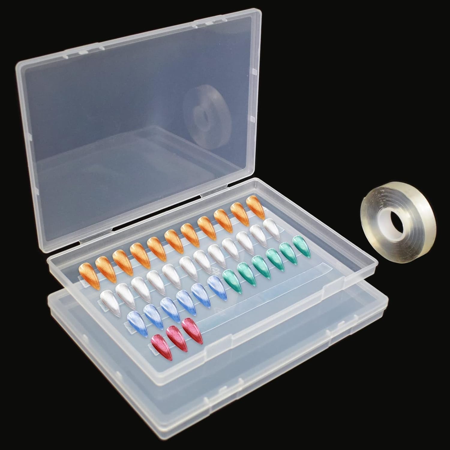 Cutie de depozitare pentru unghii artificiale cu 2 bucăți de bandă adezivă dublu adezivă de 30 cm, cutie transparentă dreptunghiulară, cutii de ambalare din plastic, recipient pentru vârfuri de unghii, unghii artificiale, 21,8 x 15,5 cm