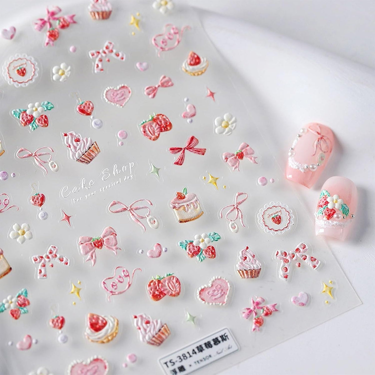 JMEOWIO 3D Nagelsticker Rosa Nail Art Sticker Selbstklebend Nagelaufkleber 5D Stereoskopisch Kuchen Erdbeerschleife Dekoration Nageldesign Zubehör 1 Blatt
