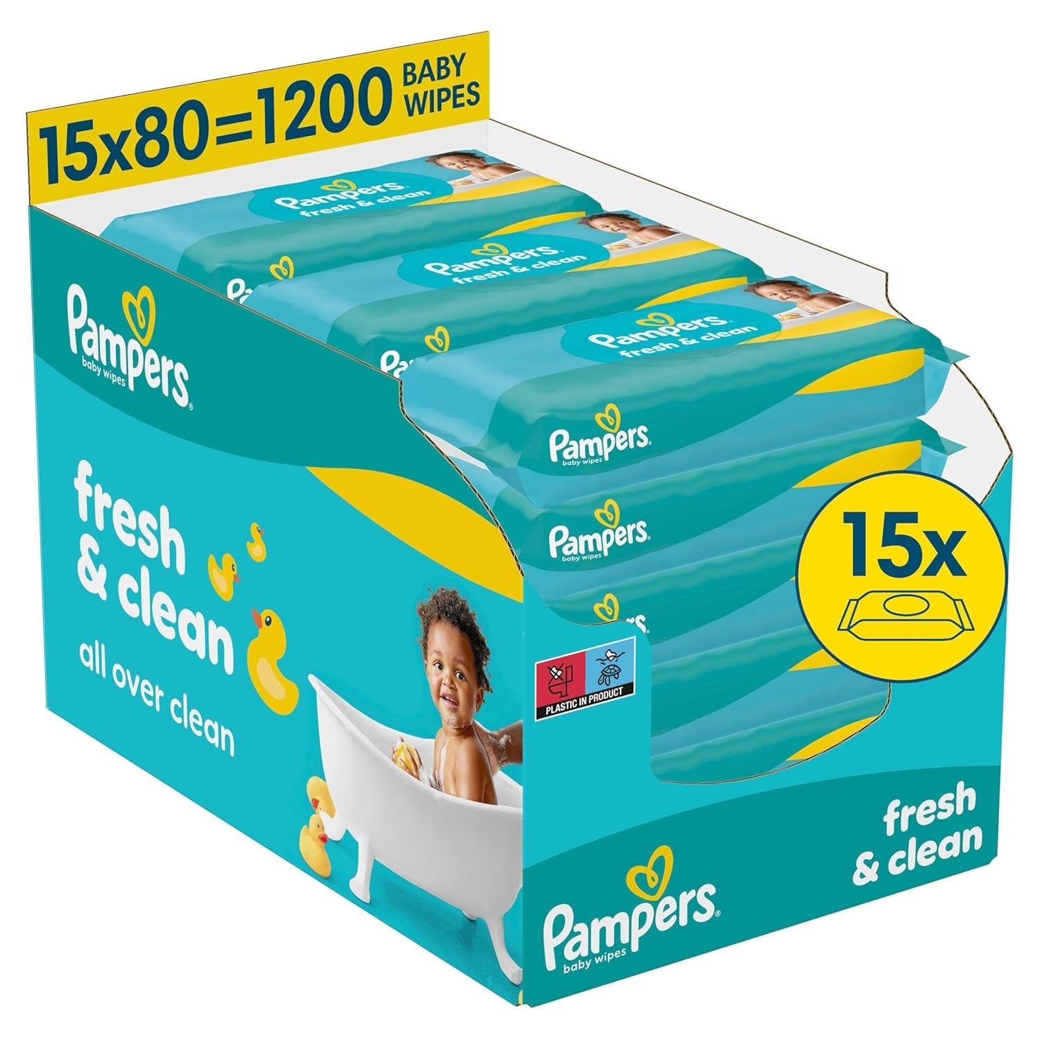 Pampers Fresh Clean Wet Wipes, 15 Packs of 80 Wipes, 1200 Wipes Total, Light Scent, Also Suitable for Hands and Face