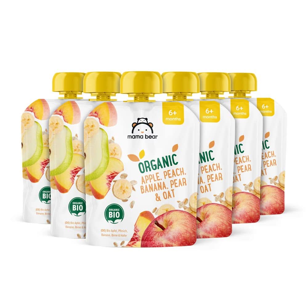 Mama Bear, organic puree different fruits, set 6 x 90 grams Mother and Child Naty Shop 6 x 90 grams Apples, peaches, bananas, pears and oatmeal