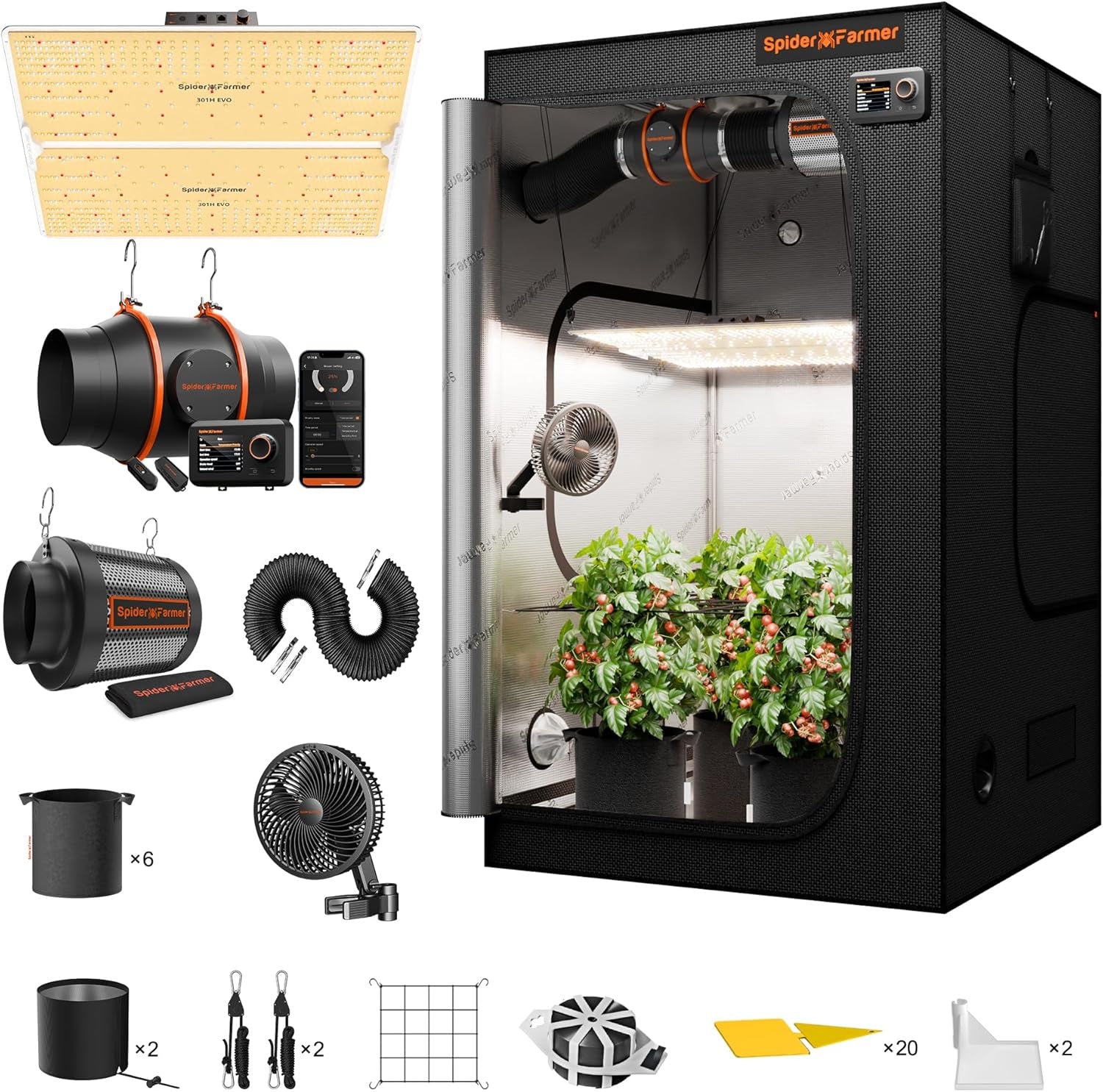 Spider Farmer SF1000 Full Spectrum Dimmable LED Grow Light, Samsung LM301H EVO Diode, 70x70x160cm Full Grow Tent Kit, Hydroponic Grow Tent Set, Ventilation System