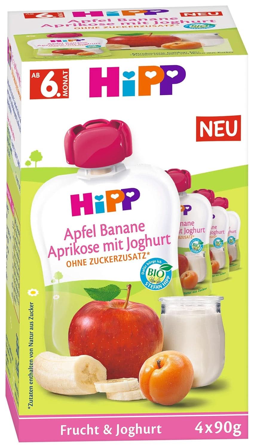 Hipp Organic Fruit and Yogurt Apple Banana Apricot with Yogurt 4 x 90 g, pack of 4 (4 x 4 x 90 g) Mother and Child Naty Shop